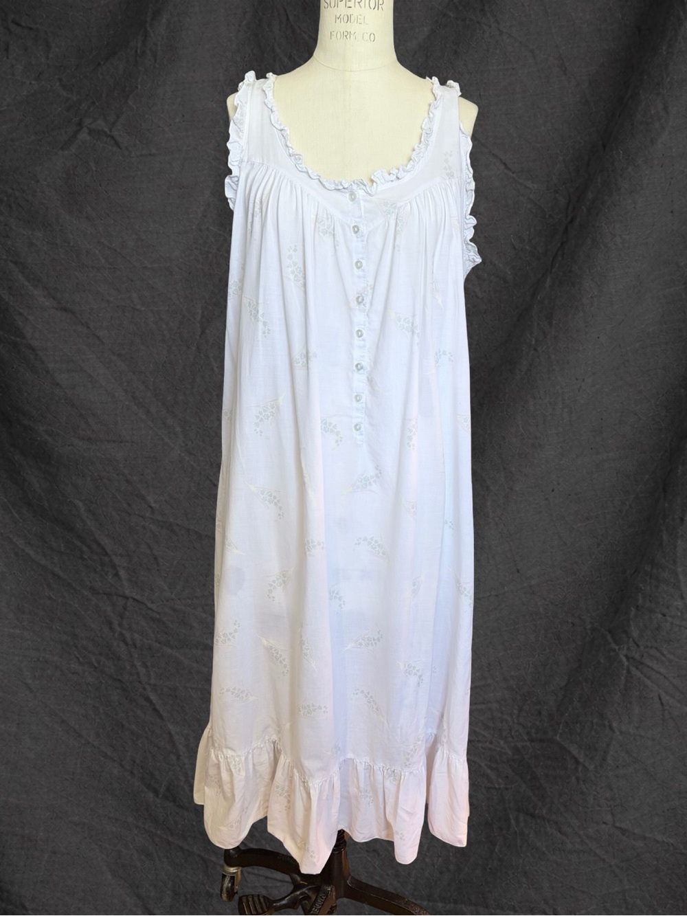 Vintage Cotton Nightgown White Floral Ruffle Sleeveless M/L Prairie Cottagecore